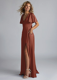 Azazie Kimber Bridesmaid Dresses Auburn A-Line Ruched Stretch Satin Dress image6