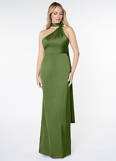 Azazie Kaylani Brautjungfernkleider Meerjungfrau-Linie Hoher Kragen Stretch-Satin Kleid Wacholder image1