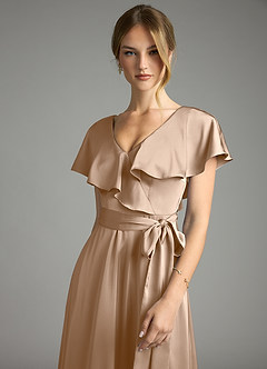 Azazie Lainey Bridesmaid Dresses Taupe A-Line with Pockets Stretch Satin Dress image6
