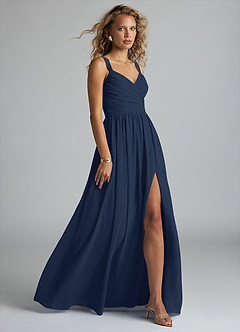 Azazie Aziza Bridesmaid Dresses Dark Navy A-Line V-Neck Pleated Chiffon Dress image3