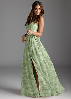 Azazie Zeya Bridesmaid Dresses Green Fern Floral A-Line V-Neck Pleated Chiffon Dress image2