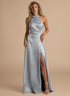 Azazie Clarice Bridesmaid Dresses Silver A-Line High Neck Metallic Satin Dress image4