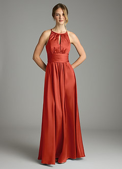 Azazie Bonnie Bridesmaid Dresses Rust A-Line Pleated Stretch Satin Dress image3