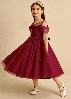 Azazie Juni Flower Girl Dresses Burgundy Ball-Gown Pleated Tulle Dress image3
