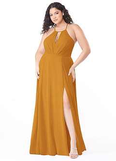 Azazie Evalleen Robes de demoiselle d'honneur Robe Trapèze en Mousseline de soie Plissée Caramel écossais image9