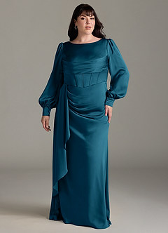 Azazie Raye Robes de demoiselle d'honneur Robe Sirène en Satin extensible Manche longue Bleu Encre image7