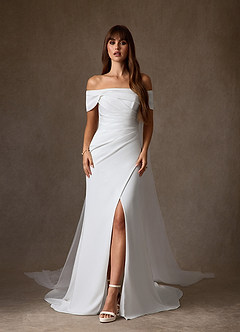 Azazie Chandler Wedding Dresses Diamond White Sheath Crepe Back Satin Dress image4