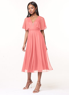 Azazie Tinsley Bridesmaid Dresses Coral A-Line Pleated Mesh Dress image3