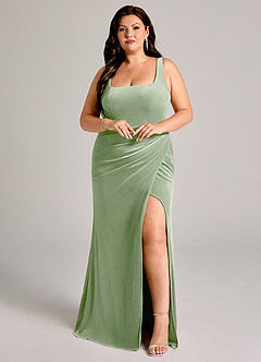 Azazie Mero Abiti da Damigella Abito Sirena in Velluto Plissettato Verde Salvia image4