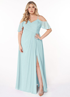 Azazie Dakota Robes de demoiselle d'honneur Robe Trapèze en Mousseline de soie Col V plissé Verre De Mer image11