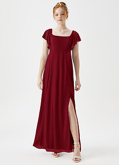 Azazie Bondi Junior Burgundy A-Line Side Slit Mesh Dress image1