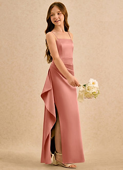 Azazie Cannoli Girls Formal Blumenmädchenkleider A-Linie Plissee Stretch-Satin Kleid Lachsrosa image4