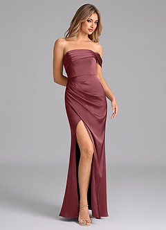 Azazie Lisbeth At-home Try On Dresses Desert Rose Mermaid Off the Shoulder Stretch Satin Convertible Dress image5