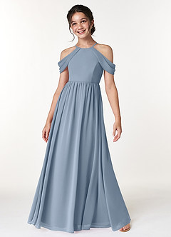 Azazie Seneca Junior Abito A-Line in Chiffon a Spalla Scoperta Blu Polveroso image3