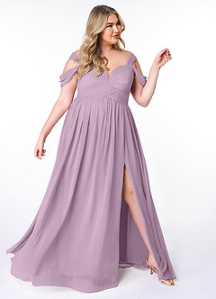 Azazie Lianne Robes de demoiselle d'honneur Robe Trapèze en Mousseline de soie Épaule décolletée Glycine image10