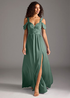 Azazie Lianne Bridesmaid Dresses Eucalyptus A-Line Off the Shoulder Stretch Satin Dress image2