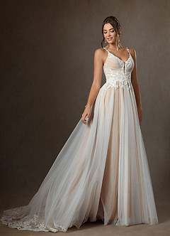 Azazie Devi Wedding Dresses Diamond White Nude A-Line V-Neck Lace Tulle Dress image5