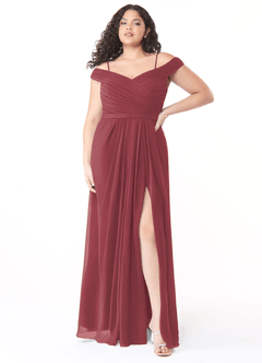 Azazie Audrianna At-home Try On Dresses Burgundy A-Line Off-The-Shoulder Gathered Chiffon Convertible Dress image7