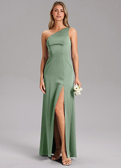 Azazie Feby Bridesmaid Dresses Matcha A-Line One Shoulder Stretch Satin Dress image3