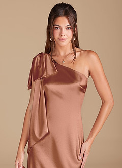 Azazie Capri Bridesmaid Dresses Bronzer Sheath One Shoulder Metallic Satin Dress image5