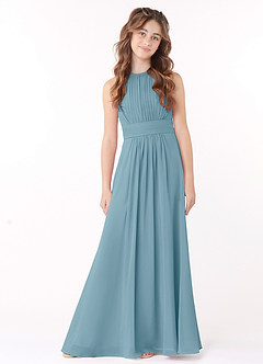 Azazie Bonnie Junior Moody Blue A-Line Pleated Chiffon Dress image1