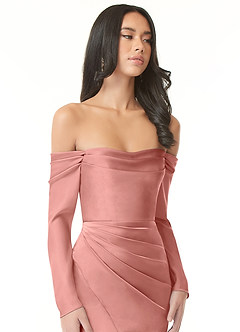 Azazie Hallie Bridesmaid Dresses Rosette Sheath Off-The-Shoulder Long Sleeve Stretch Satin Convertible Dress image1