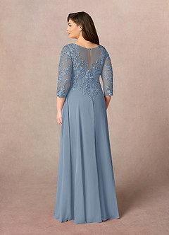 Azazie Noella Mère de la mariée Robes Robe Trapèze en Mousseline de soie Col V Dentelle Bleu Poussiéreux image12