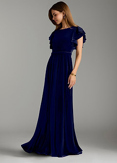 Azazie Daphne At-home Try On Dresses A-Line Velvet Floor-Length Dress with Belt image4