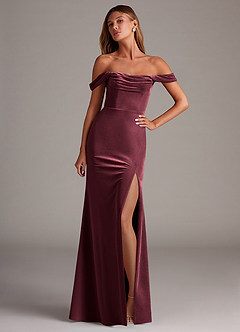 Azazie Saige Bridesmaid Dresses Raspberry Sheath Off the Shoulder Velvet Convertible Dress image1
