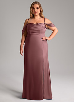 Azazie Saige Bridesmaid Dresses Vintage Mauve Sheath Off the Shoulder Stretch Satin Dress image15
