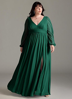 Azazie Norah Bridesmaid Dresses Emerald A-Line V-Neck Long Sleeve Chiffon Dress image6
