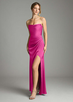 Azazie Leonis Bridesmaid Dresses Fuchsia Mermaid Pleated Stretch Satin Convertible Dress image1