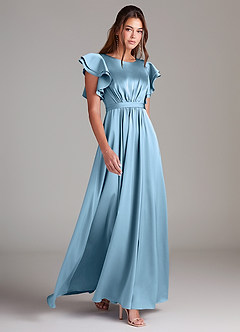 Azazie Daphne Robes de demoiselle d'honneur modestes Robe Trapèze Rayé Longueur ras du sol Satin extensible image3