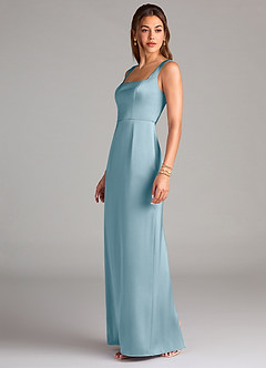 Azazie Flori Bridesmaid Dresses Moody Blue Sheath Side Slit Stretch Satin Dress image4