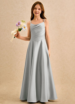 Azazie Coconut Girls Formal Robe Demoiselle D'honneur Fillette Robe Trapèze en Satin extensible Plissée Argent image1
