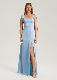 Azazie Frostine Bridesmaid Dresses Powder Blue A-Line Bow Stretch Satin Dress image5
