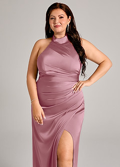 Azazie Jemma Bridesmaid Dresses Vintage Mauve Sheath Pleated Stretch Satin Dress image8
