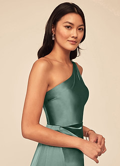 Azazie Maron Bridesmaid Dresses Eucalyptus A-Line One Shoulder Stretch Satin Dress image5