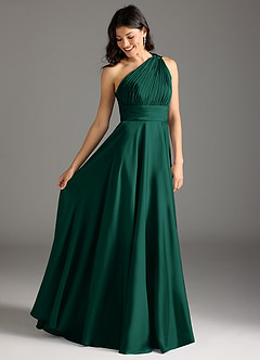 Azazie Charlize Bridesmaid Dresses Emerald A-Line One Shoulder Stretch Satin Dress image2