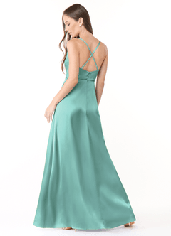 Azazie Naomie Bridesmaid Dresses Aqua A-Line Cowl Neckline Side Slit Stretch Satin Dress image2