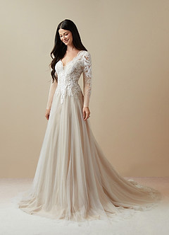 Azazie Essy Wedding Dresses Diamond White Nude A-Line V-Neck Sequins Tulle Dress image3