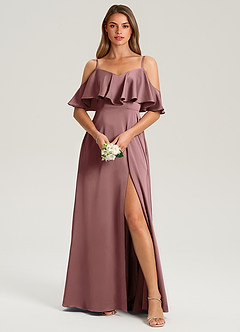 Azazie Jean Bridesmaid Dresses Vintage Mauve A-Line Off the Shoulder Stretch Satin Dress image1