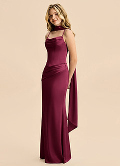Azazie Sorrel Junior Vestido Borgoña de Satén Elástico de Corte Sirena con Drapeado image5