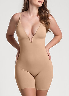 front Dyb V-hals bodystocking med lav ryg og shapewear