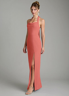 Azazie Arnelle Bridesmaid Dresses Salmon Pink Sheath Pleated Chiffon Dress image4