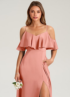 Azazie Jean Bridesmaid Dresses Coral A-Line Off the Shoulder Stretch Satin Dress image6