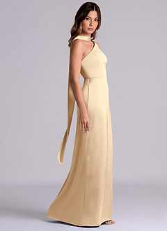 Azazie Phaedra Bridesmaid Dresses Champagne A-Line One Shoulder Stretch Satin Dress image3