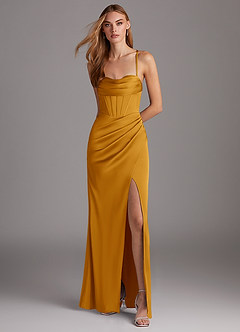Azazie Brookelle Bridesmaid Dresses Butterscotch Sheath Sweetheart Corset Stretch Satin Dress image2
