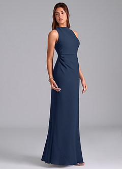 Azazie Evadne Robes de demoiselle d'honneur Robe Trapèze en Mousseline de soie Plissée Bleu Marine Foncé image4