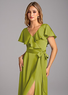 Azazie Lainey Bridesmaid Dresses Lemongrass A-Line with Pockets Stretch Satin Dress image6